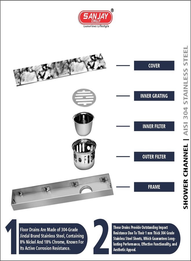 SANJAY CHILLY Stainless Steel Shower Channel Marble Drainer 304 Grade Bathroom GRATINGS 21MM Tile Insert Floor Drain Strainer with Cockroach Trap Anti Odor (Side Hole - 24x4 INCH) - Image 4